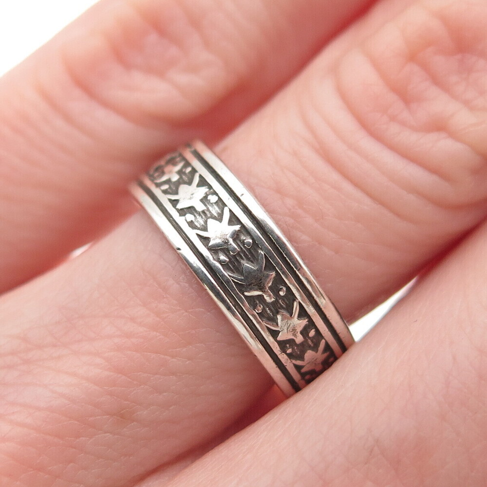 Uncas 925 Sterling Silver Antique Art Deco Floral Oxidized Band Ring Size 7